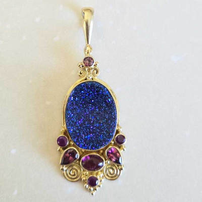 18K GOLD Caribbean Druzy Pendant with Pink Turmaline and Ruby