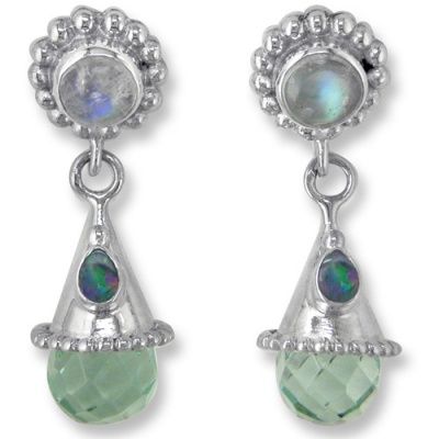 Aqua Blue Opalite Briolette, Rainbow Moonstone & Opal Doublet Post Earrings