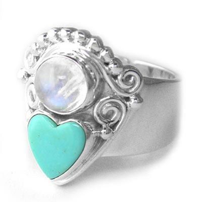 Turquoise Heart and Rainbow Moonstone Ring