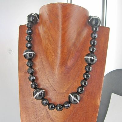 Onyx and Swarovski Crystal Beaded Necklace 18" + 2" Ext