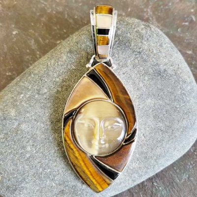 Sterling Silver Gold Fiber Optic Goddess Pendant with Black Shell, Tiger Eye, and Shell Inlay