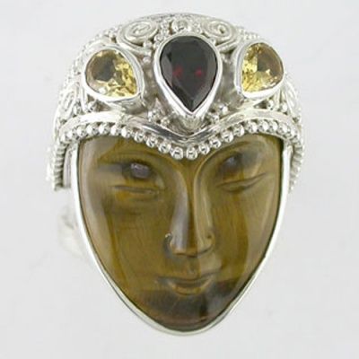 Tiger Eye Goddess Ring with Garnet and Citrine