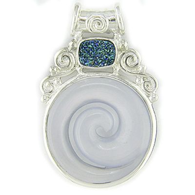 Sterling Silver Blue Chalcedony Swirl & Druzy Pendant with Chain