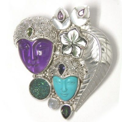 Amethyst & Turquoise Goddess Pin-Pendant with Flowers