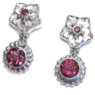 Pink Mother of Pearl Flower, Pink Topaz & Ruby Post Earrings