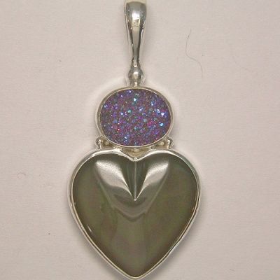 Rainbow Obsidian Heart Pendant wih Purple Druzy