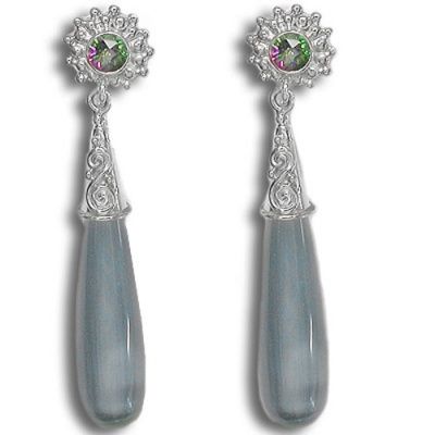 Silver Fiber Optic Drop Earrings with Mystic Topaz Posts
