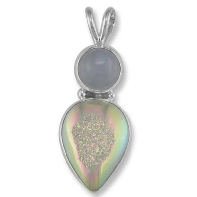 Opalized Window Druzy and Blue Chalcedony Silver Pendant 