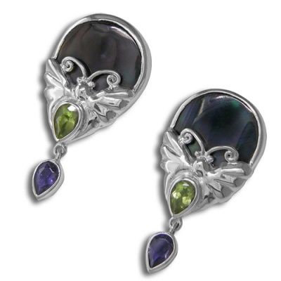 Black Mother of Pearl, Peridot & Iolite Butterfly Earrings