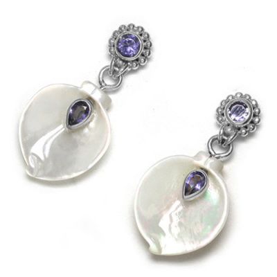 Mother of Pearl Lily and Iolite Post Earrings