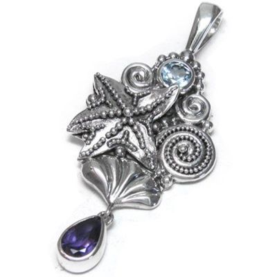 Sterling Silver Seashell Pendant with Blue Topaz and Iolite