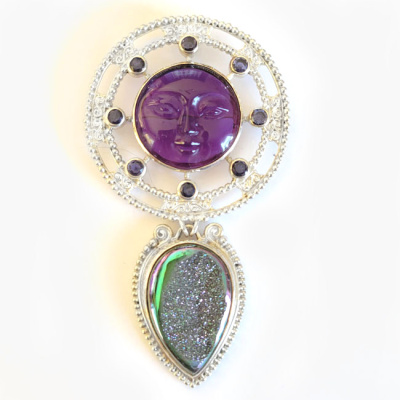 Sterling Silver Compressed Amethyst Goddess Pin-Pendant with Caribbean Window Druzy and Iolite.