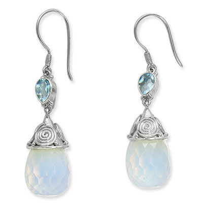 Checkerboard Faceted Opalite Drop Earrings with Sky Blue Topaz 