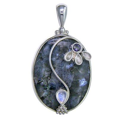 One-of-a-Kind Larvikite Pendant with Moonstone and Iolite