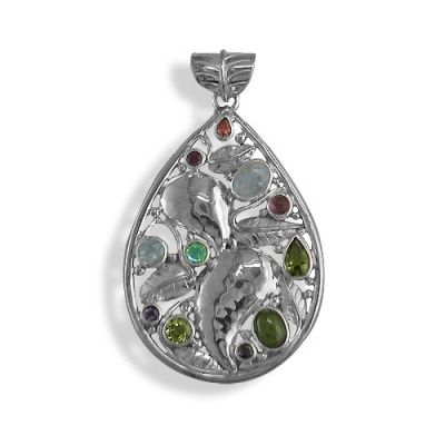 Multi-Gemstone Sterling Silver Leaf Pendant 