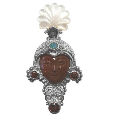 Red Jasper Goddess, Mother of Pearl Fan Flower, Opal Doublet & Garnet Pin-Pendant