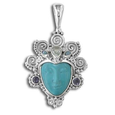 Turquoise Goddess Pendant with White Topaz, Opal Doublets and Iolte