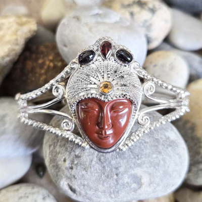 Sterling Silver Red Jasper Goddess Bracelet with Garnet, Citrine, and Black Star Diopside