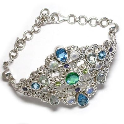 Ornate Sterling Silver Multi-Gemstone Bracelet