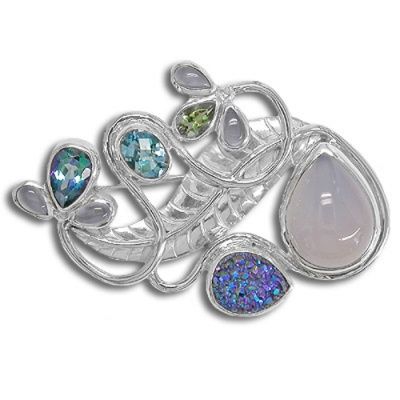 Blue Chalcedony Pin-Pendant  with Sterling Silver Leaf