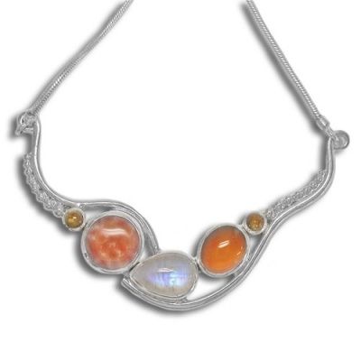 Fire Agate, Rainbow Moonstone & Amber Necklace with Citrine