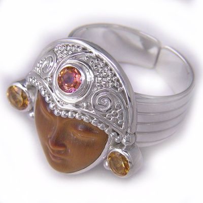 Tiger Eye Goddess Ring with Twilight Topaz and Citrine Ring