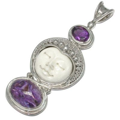 Moon Faced Goddess Pendant with Amethyst and Charoite