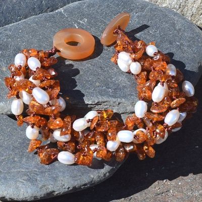 Amber and White Pearl Bracelet with Toggle 