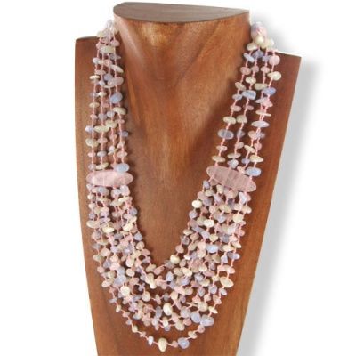Rose Quartz, Blue Chalceondy and Mother of Pearl Beaded Necklace