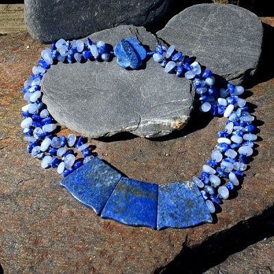 Lapis & Blue Chalcedony Beads Neckalce with Lapis Trapezium Stations