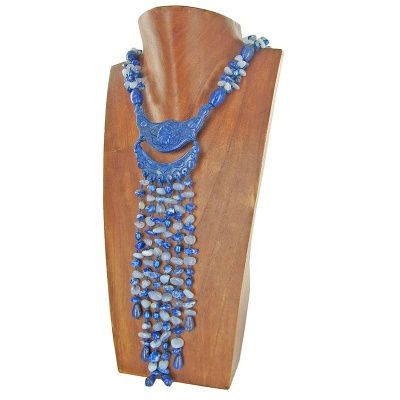 Lapis, Blue Chalcedony, and Blue Pearl Beaded Necklace with Hand Carved Lapis