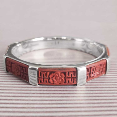 Red Cinnabar Bangle with Floral Design