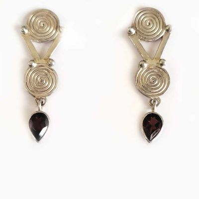 Sterling Silver Swirl Post Earrings with Garnet One of a Kind