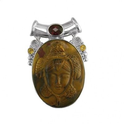 Carved Tiger Eye Pendant with Garnet and Citrine