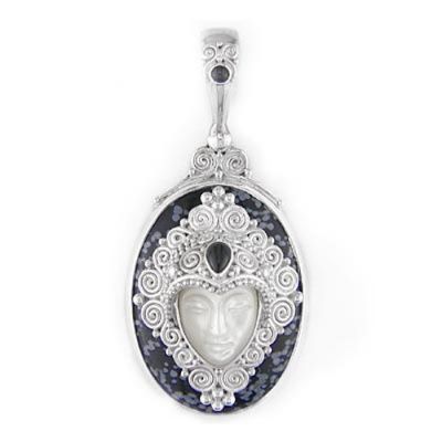 Mother of Pearl Goddess Pendant with Snowflake Obsidian and Black Star Diopside