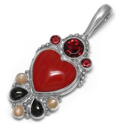 Red Jasper Heart Pendant wtih Garnet, Pink Moonstone and Black Star Diopside