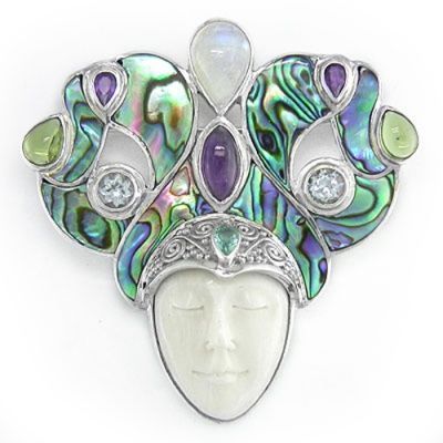 Goddess Pin-Pendant with Rainbow Moonstone, Amethyst, Aquamrine, Apatite and Peridot