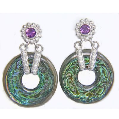 Abalone Disk Post Earrings with Amethys
