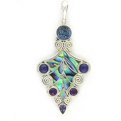 Paua Shell Pendant with Caribbean Druzy, Lapis, and Amethyst