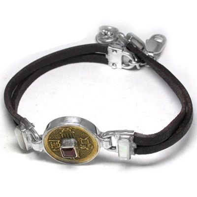 Chinese Coin, Garnet and Mother of Pearl Leather Bracelet