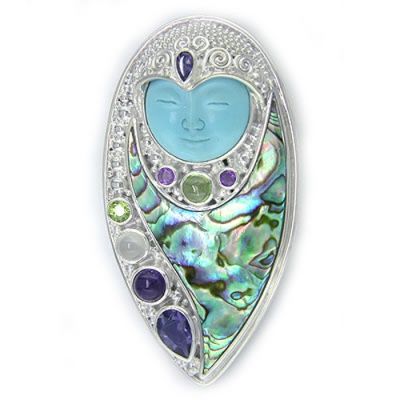 Turquoise Goddess Pin-Pendant with Iolite, Peridot, Amethyst, and Moonstone 