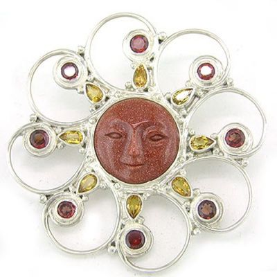 Golden Sandstone Goddess Pin-Pendant with Garnet and Citrine