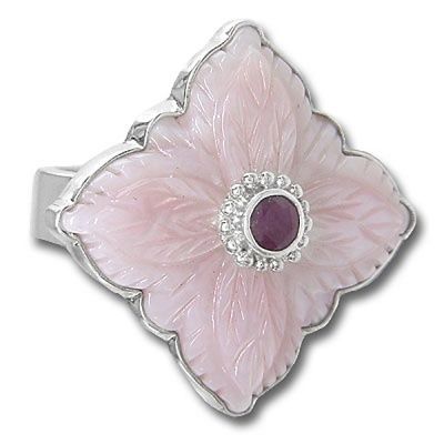 Pink Mother Of Pearl Flower with Ruby Ring