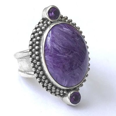 Charoite and Amethyst Ring with Beadwork