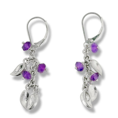 Amethyst Beads & Silver Leaves Dangle Earrings
