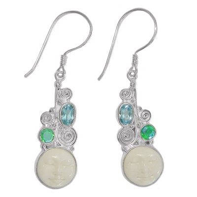 Caribbean Quartz, Blue Topaz and Carved Goddess Earrings