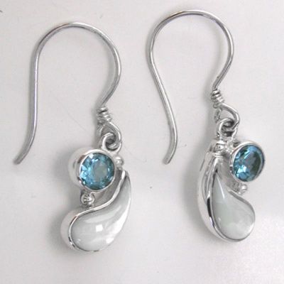 Mother of Pearl and Swiss Blue Topaz Dangle Earrings