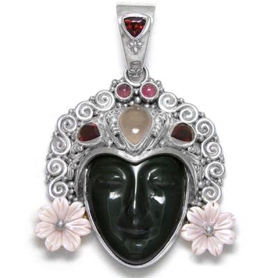 Rainbow Obsidian Goddess Pendant with Pink Mother of Pearl Flowers, Rose Quartz, Garnet & Pink Tourmaline