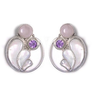 Rose Quartz, Amethyst & Mother Of Pearl Post Earrings