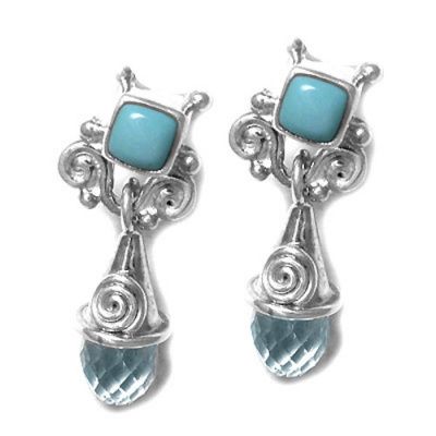 Turquoise Post Earring with Blue Topaz Briolette